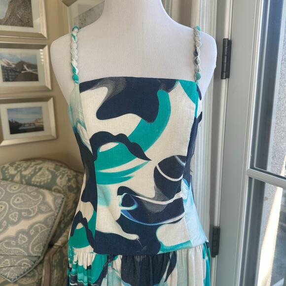 Christian Lacroix Linen Cotton Blue Organic Pattern Summer Midi Dress XS NWT - Picture 4 of 10